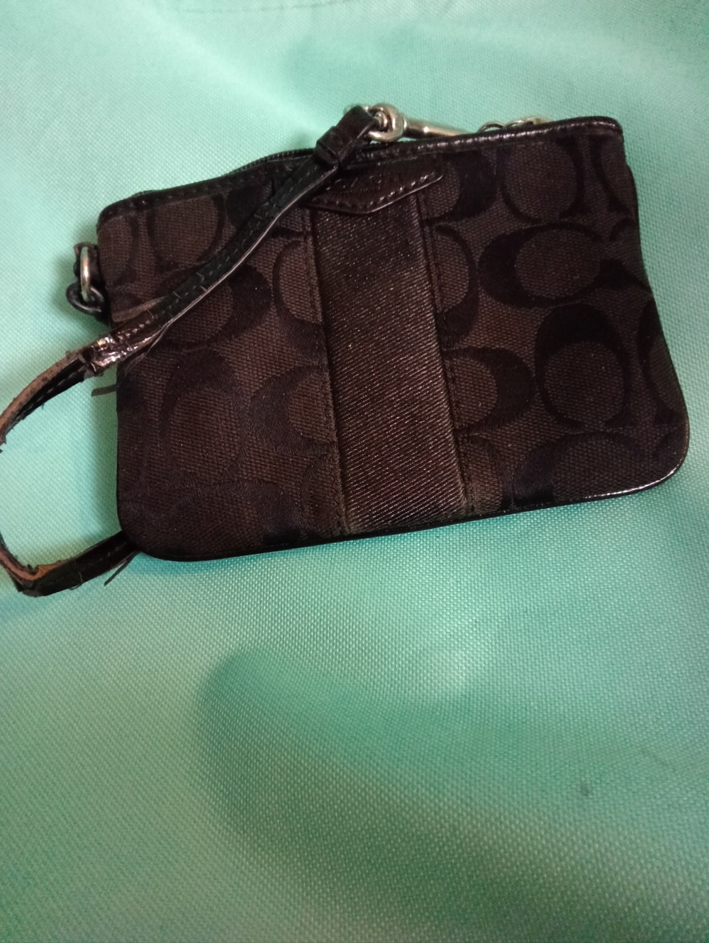 #15 Coach Black Signature C Corner Zip Wristlet Satiny Stripe Creed G1447-22811